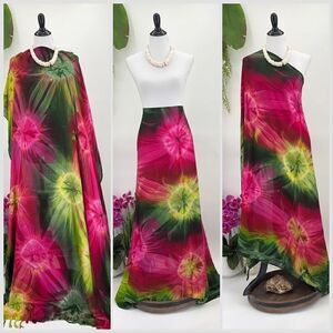 Pink Green Yellow Tye Dye MAXI SARONG Kīkepa Pareo Beach Wrap Skirt